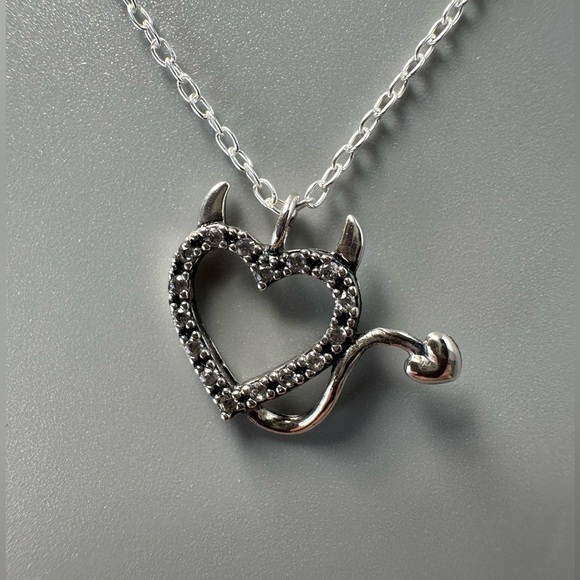 Sterling Silver Black CZ Devil Heart Necklace - Edgy Romance - Picture 6 of 11